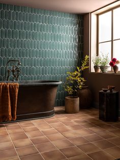 a bath tub sitting next to a window with potted plants on the side of it