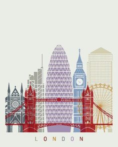 the london skyline is shown in red, white and blue with a ferris wheel on it