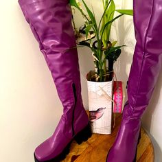 Brand New Purple Over The Knee Boots Non Leather Very Comfortable With Side Zippers. Wedge Heel 2inches Fitted Synthetic Wedge Boots With Round Toe, Purple Leather Platform Boots, Fall Purple Platform Boots, Purple Leather Platform Boots With Round Toe, Purple Leather Round Toe Platform Boots, Thigh High Suede Boots, Leather Thigh High Boots, Side Zip Boots, Faux Suede Boots