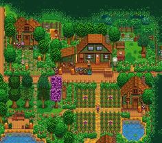 Stardew Starter Farm, Foraging Farm Stardew Valley, Stardew Inspo Farm, Stardew Valley Decorating Ideas, Stardew Valley Farm Setup, Sdv Forest Farm Ideas, Stardew Farm Layout Wilderness, Stardew Valley Spouse Area, Stardew Farm Inspiration