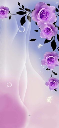 purple roses on a branch with leaves and bubbles