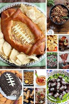 a collage of football themed snacks and desserts including cookies, pretzels, crackers