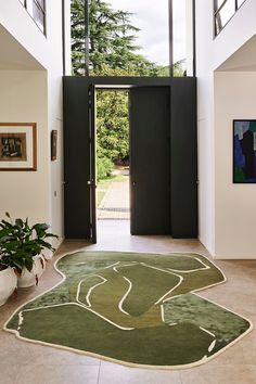 a green rug on the floor in front of an open door