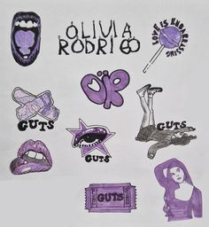 various stickers on a white sheet with purple and black ink, including an image of a woman's face