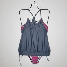 Striped Tankini, Tankini Set, Pink Stripes, Grey