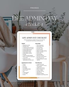 the life admin day checklist is displayed in front of a chair and table