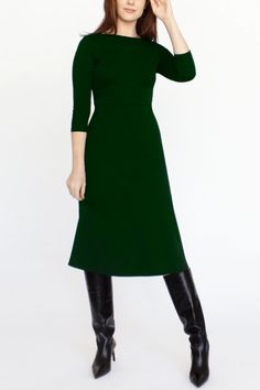 3/4 Sleeve BCI Cotton Boatneck Mid-calf Flared Dress -- Forest Green – Cobalt Street Green Fall Dresses, Midi Dress Winter, Chicago Usa, Mid Calf Dresses, Flared Dress, Autumn Dress, Worth The Wait, Green Outfit, Basic Dress