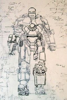 a drawing of a robot standing in front of some drawings