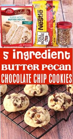 chocolate chip cookies on a cooling rack with ingredients in the background and text overlay reading s'ingredient butter pecan chocolate chip cookies