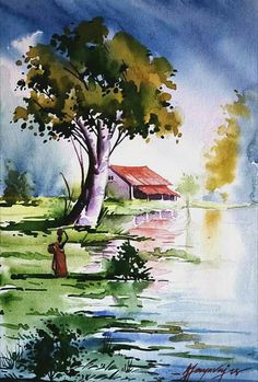 a watercolor painting of a person standing in front of a tree and house by the river