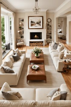 a living room filled with furniture and a fire place in the middle of the room