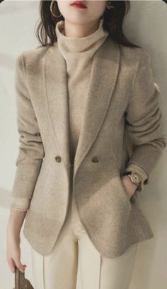 Elegant Non-stretch Winter Outerwear, Non-stretch Workwear Outerwear With Pockets, Non-stretch Outerwear With Pockets For Work, Fitted Beige Winter Blazer, Beige Winter Outerwear For Office, Beige Outerwear For Office Wear In Winter, Blazer Suit Women, Fall Coat, Cotton Coat