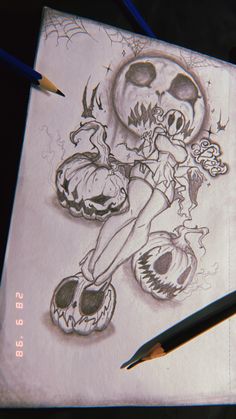 a pencil drawing of a girl with pumpkins