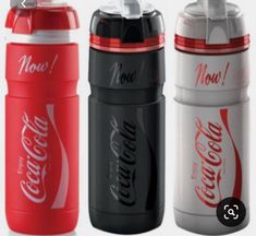 three different types of coca cola bottles are shown in this image, one is black, the other red and white