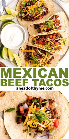 mexican beef tacos on a white plate with sour cream and limes in the background