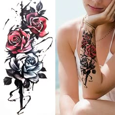 a woman with tattoos on her arm next to an image of roses and leaves tattooed on her arm