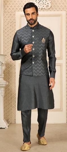 Black and Grey color Kurta Pyjama with Jacket in Banarasi Silk fabric with Embroidered work Black Embroidered Nehru Jacket For Diwali, Embroidered Black Nehru Jacket For Diwali, Black Long Sleeve Nehru Jacket For Diwali, Black Winter Sets With Zari Work, Traditional Black Outerwear For Eid, Festive Black Outerwear With Chikankari Embroidery, Black Resham Embroidered Outerwear For Festive Occasions, Black Festive Outerwear With Resham Embroidery, Black Outerwear With Resham Embroidery For Festive Occasions