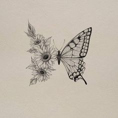 a black and white drawing of a butterfly with sunflowers