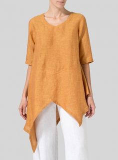 Linen Asymmetrical Hem Tunic V Top, Outfit Chic, Half Sleeve Tops, Hem Blouse, Irregular Hem, Linen Blouse, Top Design, Linen Top, Long Shirt