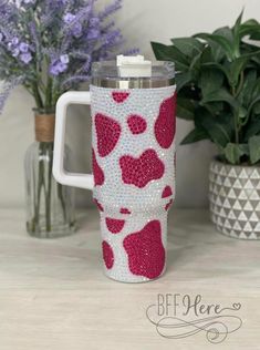 PREORDER — 40 oz. Cow Bling Stainless Steel Tumbler / Hot Pink - BFF Here Candy Club, Rhinestone Projects, Neoprene Tote, Cup Ideas, Iced Latte, Easy Travel, Plastic Straw, Car Cup Holder, Orange Juice