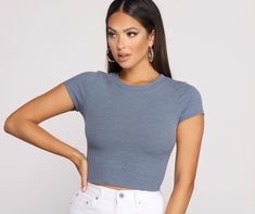 Basic Is Better Crew Neck Crop Top Everyday Ribbed Cropped Top, Spring Ribbed Cropped T-shirt, Trendy Crew Neck Crop Top, Casual Ribbed Cropped T-shirt For Everyday, Trendy Ribbed Cropped T-shirt For Spring, Casual Solid Ribbed Cropped T-shirt, Trendy Summer Crop Top With Ribbed Neckline, Trendy Everyday Crew Neck Crop Top, Everyday Basic Ribbed Crop Top