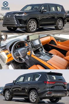 the inside and outside view of a black suv with an orange leather interior, which is shown