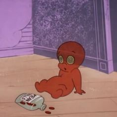 an animated baby sitting on the floor next to a bottle with spilled chocolate milk in it