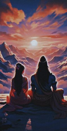 two women sitting in front of a sunset with mountains and clouds behind them, facing each other