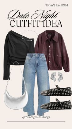 Winter date night outfit idea! Also works as a fall date night outfit. Love this barrel jeans outfit for cold going out outfits at night! Paired with metallic silver details, a burgundy leather jacket, black studded Mary Jane flats, and a chic black going out top- it’s a great chic style to rock for a dinner date! Cold Going Out Outfits, Barrel Jeans Outfit, Fall Date Night Outfit, Black Going Out Tops, Fall Date Night, Burgundy Leather Jacket