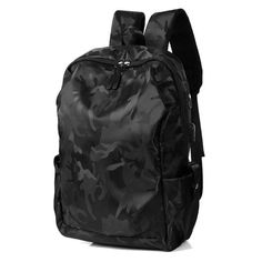 a black backpack with camouflage print on it