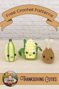 three small crocheted vegetables sitting next to each other