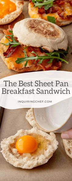 the best sheet pan breakfast sandwich recipe with eggs and bacon on toasted english muffins