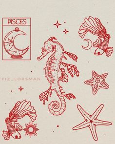 an image of seahorses and starfish in red ink on white paper with the caption pisces