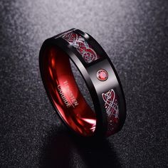 Red Ring, Red Tungsten Ring, Red Wedding Band, Black Tungsten Ring with Red Carbon Fiber and AAAAA Red CZ Stone Inlay Ring Unique Gifts For Couples, Celtic Dragon, Black Tungsten Rings, Viking Ring, Dragon Ring, Black Tungsten, Tungsten Carbide Rings, Wolfram, Stone Inlay