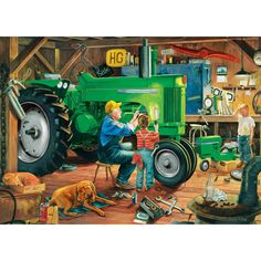 a painting of two men working on a tractor in a garage with a dog nearby