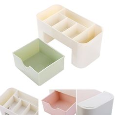 four different types of storage containers with lids and drawers on them, all in pastel colors