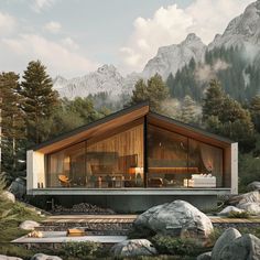 an artist's rendering of a modern cabin in the woods with mountains in the background