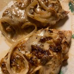 two pieces of meat covered in sauce and onions on a white plate with green trim