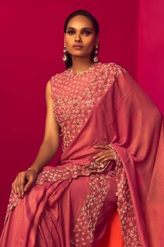 Blush pink pre-draped saree with cutdana, sequin, crystal embroidered border. Paired with floral embroidered blouse. - Aza Fashions Pink Silk Pre-draped Saree With Dori Work, Pink Slub Silk Pre-draped Saree With Dupatta, Pink Tissue Silk Blouse With Traditional Drape, Silk Pre-draped Pink Saree For Reception, Silk Pink Pre-draped Saree For Reception, Pink Silk Pre-draped Saree For Reception, Pink Raw Silk Pre-draped Saree For Navratri, Pink Raw Silk Pre-draped Saree For Reception, Pink Art Silk Pre-draped Saree For Reception