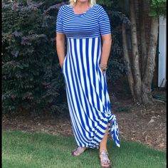 Great Maxi Dress... Brand New With Tags! Striped Fitted Dress For Vacation, Short Sleeve Lined Maxi Dress For Dress Down Days, Short Sleeve Lined Maxi Dress For Casual Wear, Striped Maxi Sundress, Striped Maxi Dress For A Casual Day Out, Striped Casual Maxi Dress For Day Out, Casual Striped Maxi Dress For Day Out, Casual Striped Flowy Dress, Casual Fitted Striped Maxi Dress