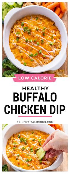 the recipe for healthy buffalo chicken dip is shown