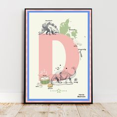 the letter d is made up of animals and letters with their names in pink, blue, and green