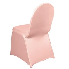 a pink chair that is sitting up against a white background with the seat cover down