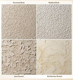 four different types of stucco that are white and brown, with the words'textured finish