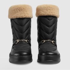 Black Slip On Snow Boots From Gucci. Made Of Quilted Fabric With Beige Wool Trim, This Pair Features The Label’s Signature Gold-Tone Horsebit And Black Rubber Sole With Raised Logo. Nwot In Box Unisex Sold Out Online Msrp:$1,250 Black Boots With Horsebit Detail And Round Toe, Luxury Leather Boots With Faux Fur Lining, Luxury Boots With Faux Fur Lining, Elegant Gucci Boots For Winter, Gucci Leather Boots For Winter, Designer Black Boots With Horsebit Detail, Luxury Black Gucci Boots, Gucci Black Luxury Boots, Gucci Winter Boots With Round Toe