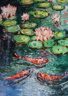 a painting of water lilies and fish in a pond