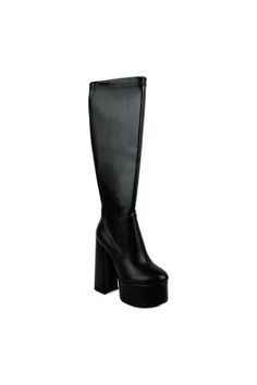 Add a touch of sophistication to your streetwear style with these women's high-block heeled calf boots. Crafted with a durable sole and sleek design, these boots will have you standing out from the crowd in style. Winter Platform Boots In Faux Leather For Wide Calf, Winter Wide Calf Platform Boots In Faux Leather, Winter Faux Leather Knee-high Wedge Boots, Winter Knee-high Faux Leather Wedge Boots, Knee-high Faux Leather Wedge Boots For Winter, Trendy Platform Knee-high Boots With Round Toe, Trendy Knee-high Platform Boots With Round Toe, Wide Calf Knee-high Platform Boots For Fall, Wide Calf Platform Knee-high Boots For Fall