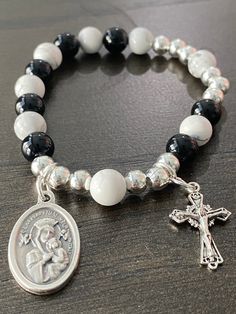 Black Cross Bracelet As Gift, Adjustable Black Cross Bracelet, Adjustable Nickel-free Black Charm Bracelet, White Cross Bracelet Spiritual Style, Our Lady Of Perpetual Help, Lady Of Perpetual Help, Handmade Rosary, Personalized Rosary, Rosary Bracelet