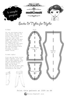 the sewing pattern for socks and tights is shown in black and white, as well as