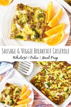 sausage and veggie breakfast casserole on a plate with sliced oranges